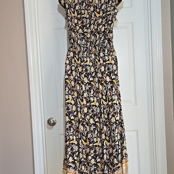 176. Pretty Garden Yellow Black Floral High Low Maxi Ruffe Dress Size Large - Picture 3 of 6